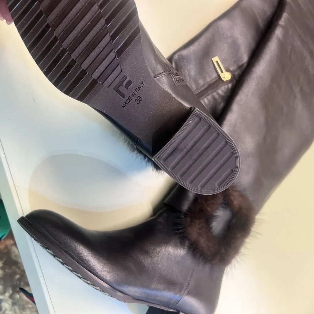 Marino Fabiani Sleek Black and brown Over the Knee leather Boots fur cuff NWT